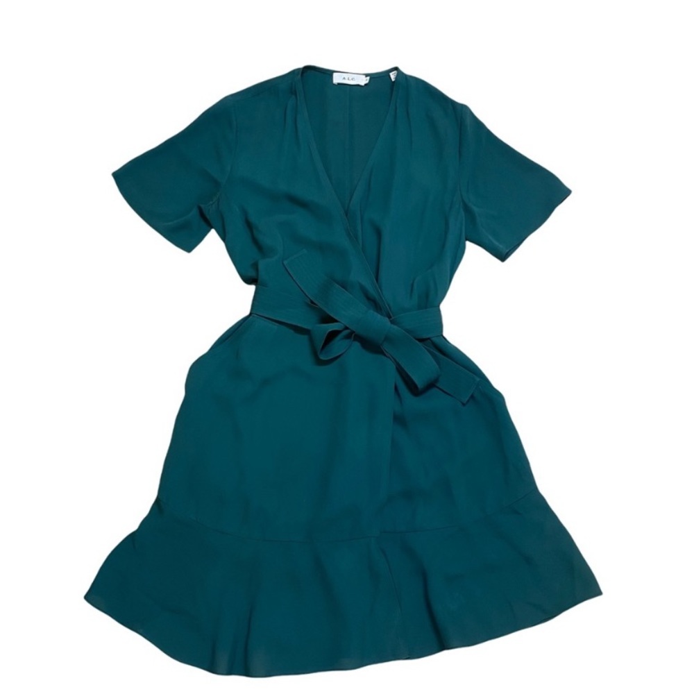 A.L.C. Micah Green Silk Tie Waist Wrap Dress